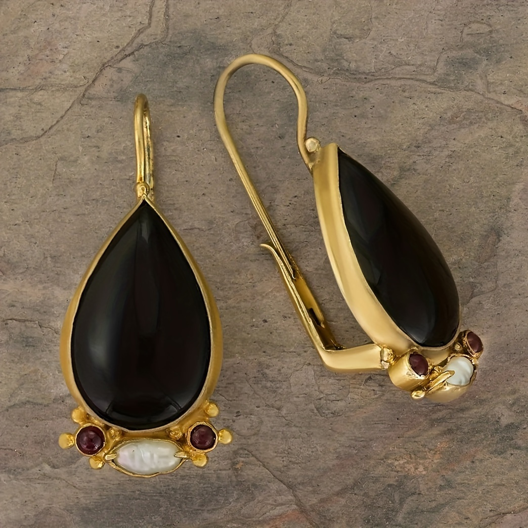 elegant black teardrop synthetic gem dangle earrings for daily wear details 0