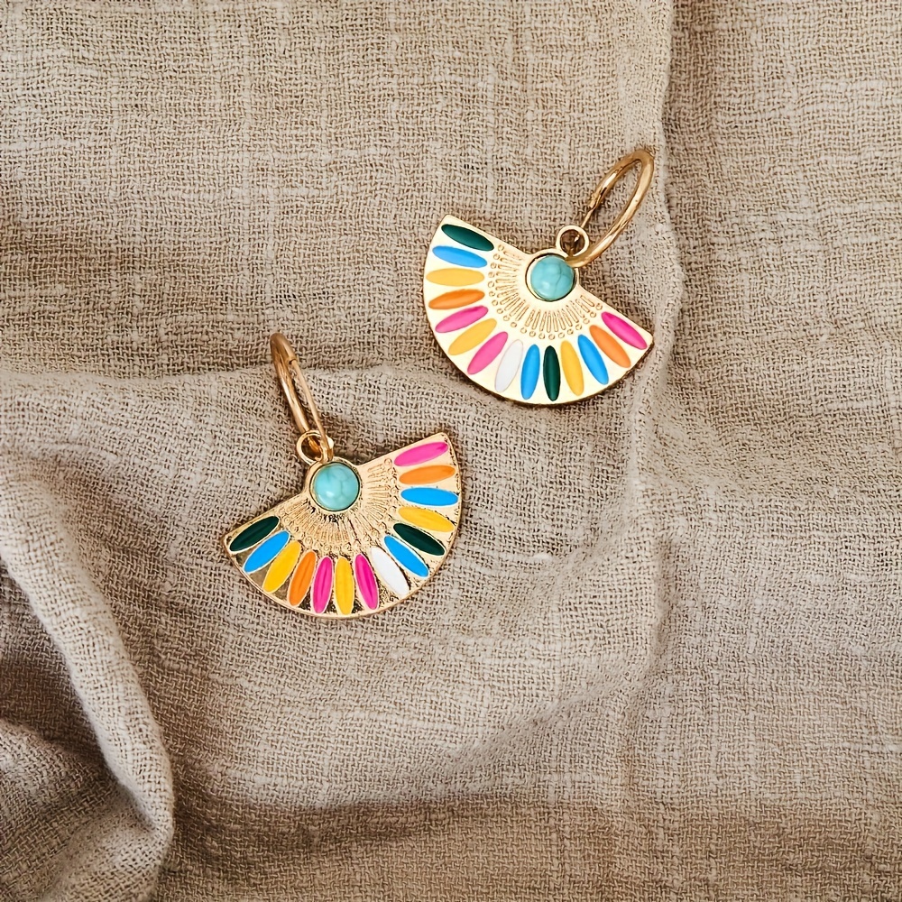 metal fan shape colorful enamel hoop earrings inlay with faux diamonds decor retro bohemian style delicate fashion accessory for daily wear details 0