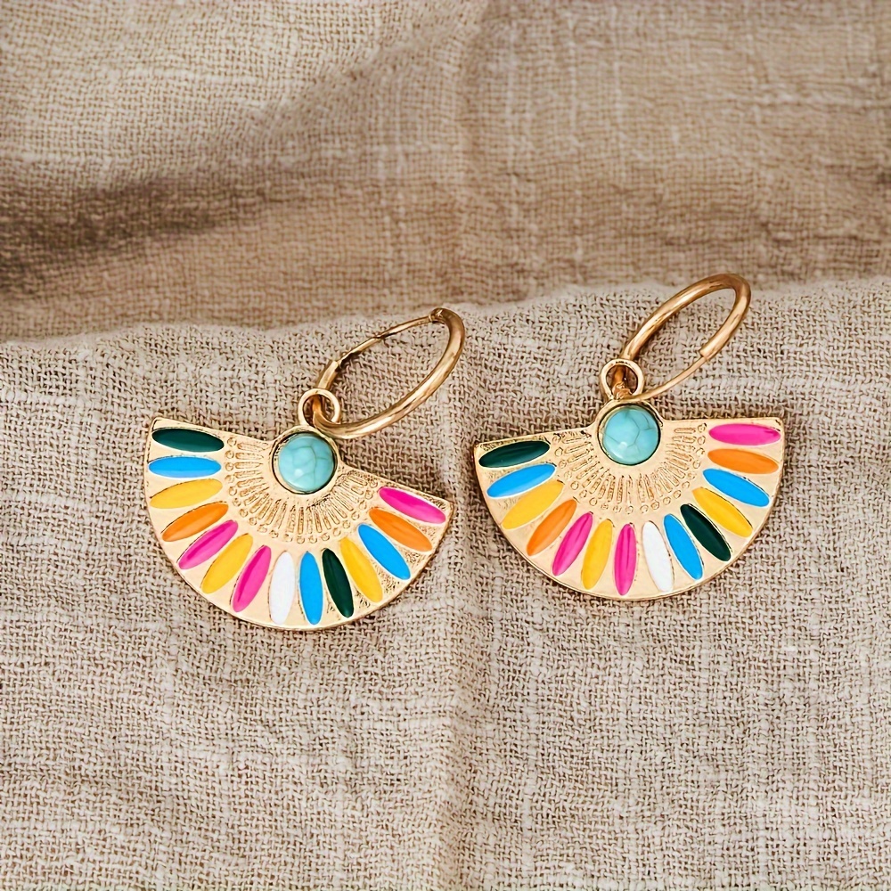 metal fan shape colorful enamel hoop earrings inlay with faux diamonds decor retro bohemian style delicate fashion accessory for daily wear details 1