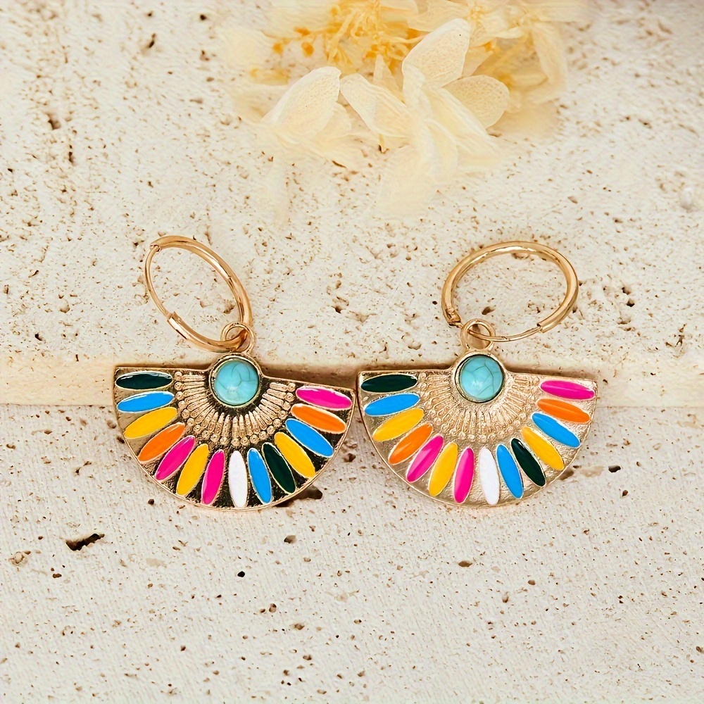 metal fan shape colorful enamel hoop earrings inlay with faux diamonds decor retro bohemian style delicate fashion accessory for daily wear details 2