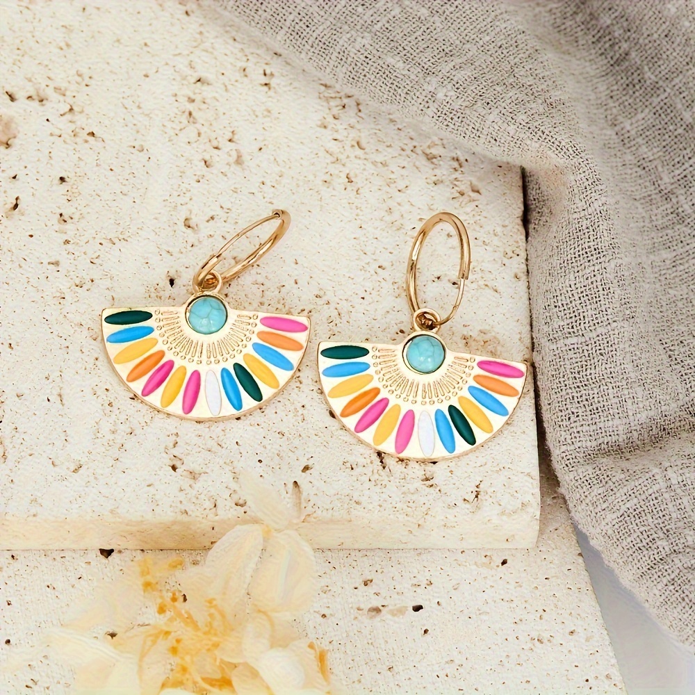 metal fan shape colorful enamel hoop earrings inlay with faux diamonds decor retro bohemian style delicate fashion accessory for daily wear details 3