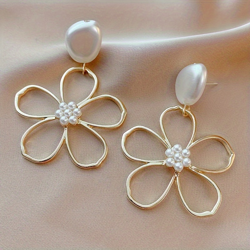 chic 1 pair hollow flower dangle earrings with artificial pearls for daily style and parties details 0