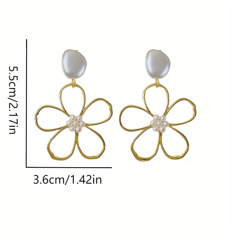 chic 1 pair hollow flower dangle earrings with artificial pearls for daily style and parties details 2