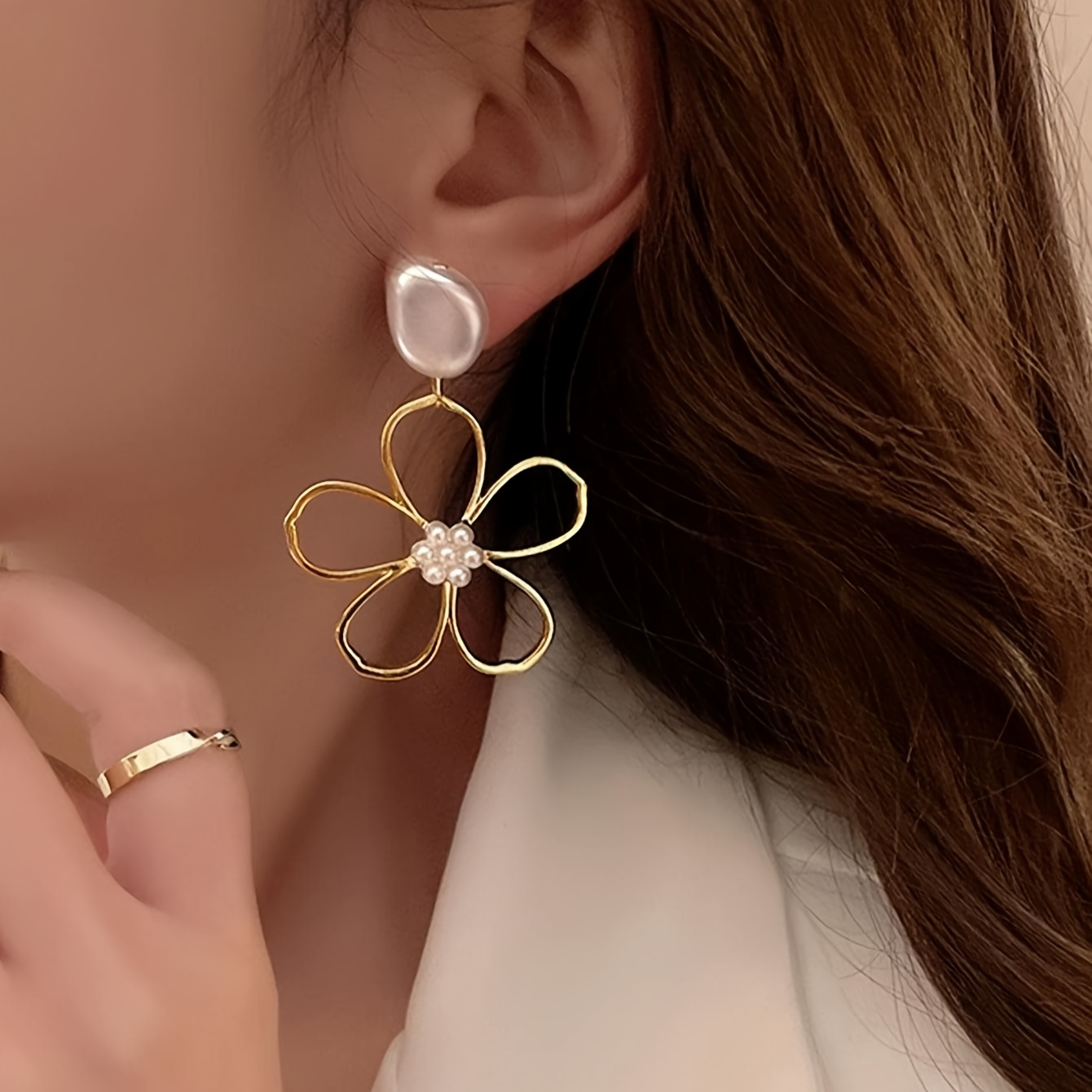 chic 1 pair hollow flower dangle earrings with artificial pearls for daily style and parties details 3