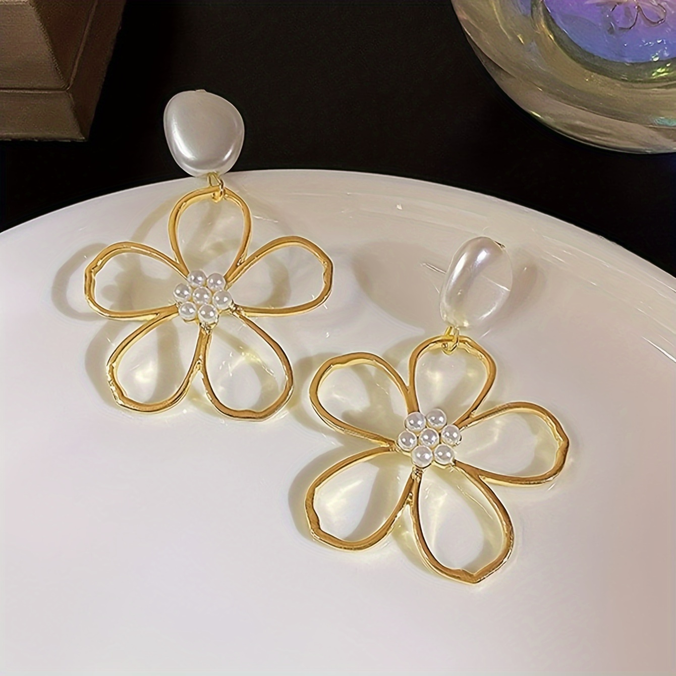 chic 1 pair hollow flower dangle earrings with artificial pearls for daily style and parties details 4