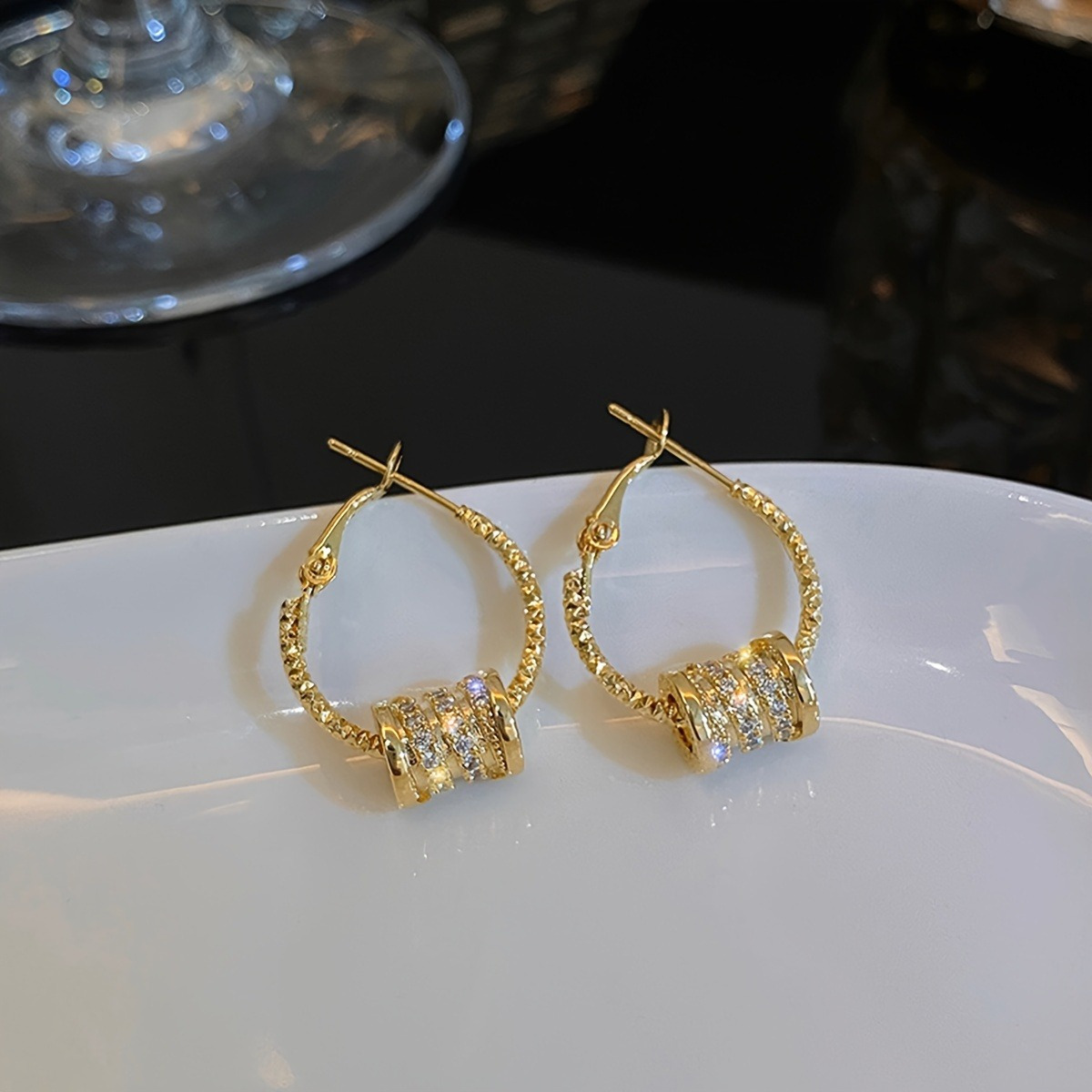 golden hoop earrings with sparkling zircon decor elegant sexy style jewelry exquisite female gift details 5