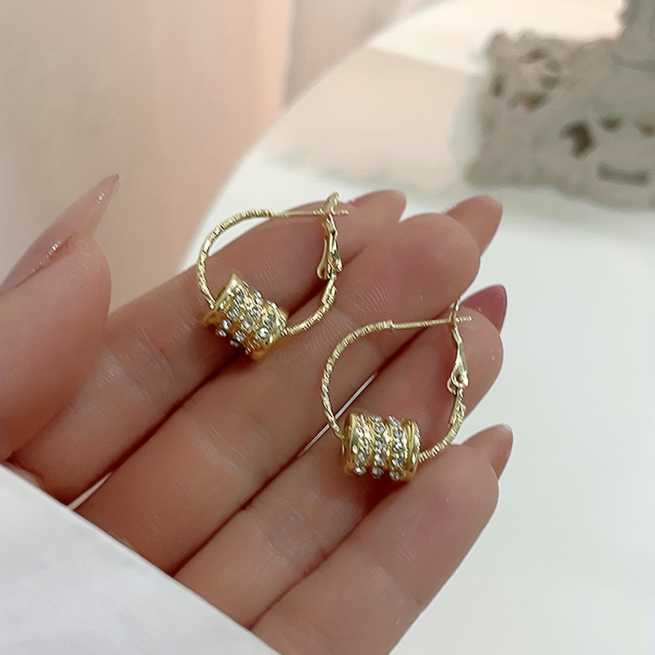 golden hoop earrings with sparkling zircon decor elegant sexy style jewelry exquisite female gift details 6