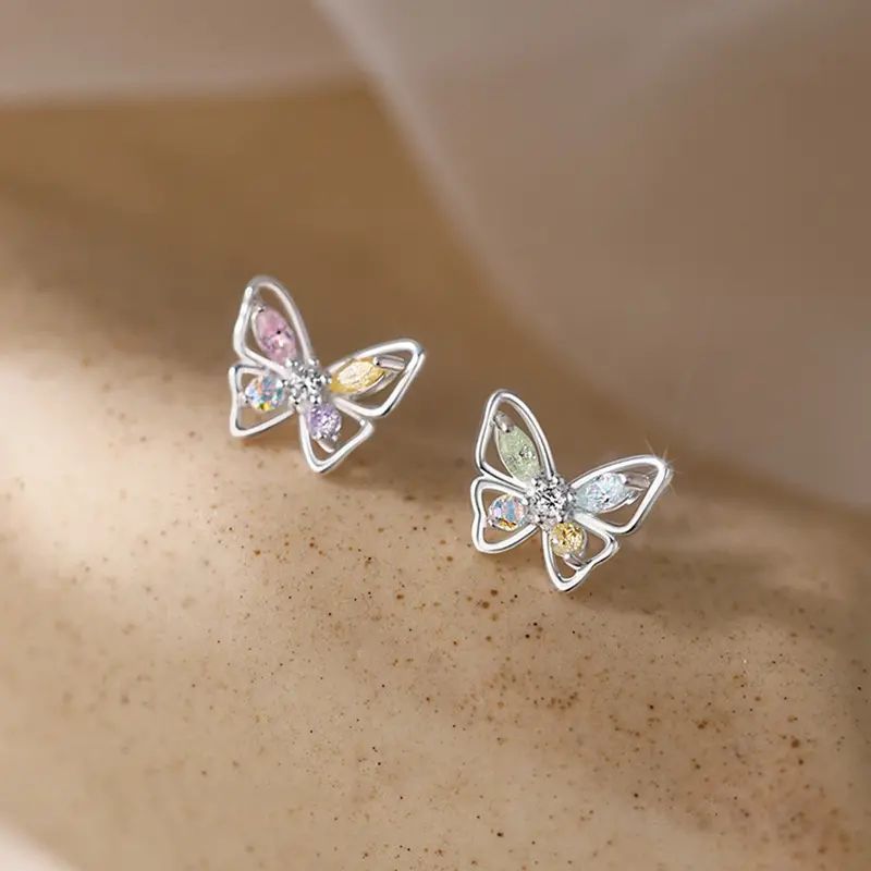 elegant silvery butterfly earrings with sparkling zircon delicate tassel detail elegant cute style fahsion accessory for daily wear details 0