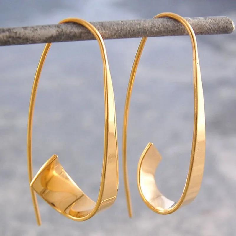 minimalist long hook spiral hoop earrings for women jewelry fashion golden color geometric metal statement earring details 3