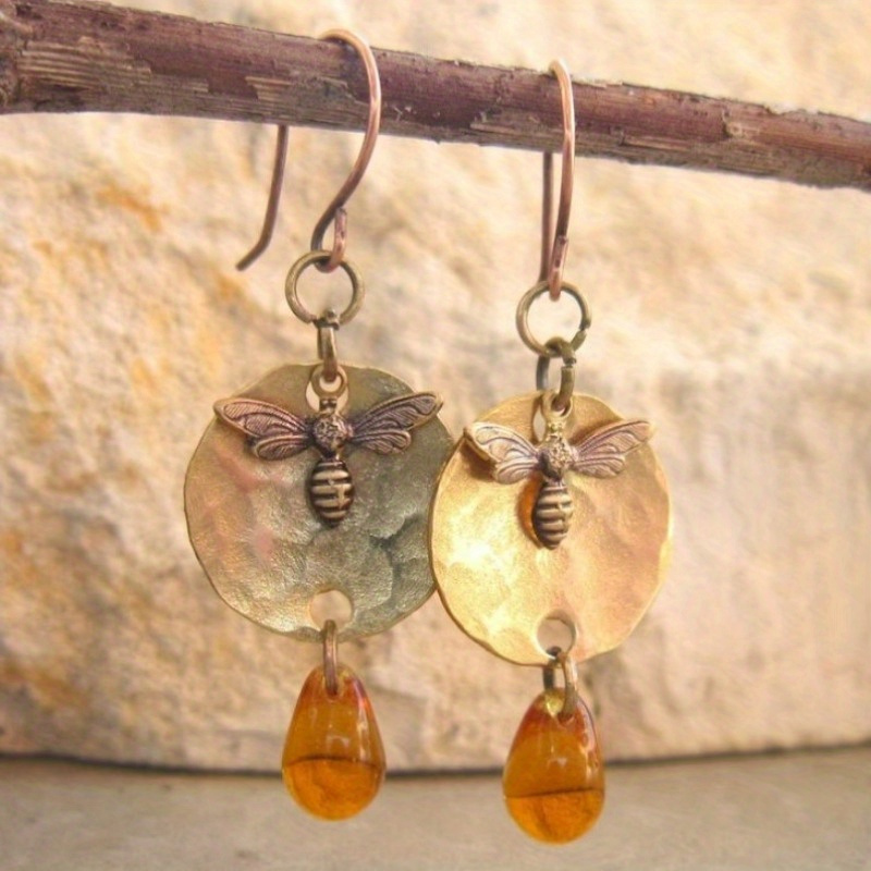 honey bee earrings hand hammered honey amber earrings amber glass dangle earrings honey bee jewelry amber jewelry gift for   details 0