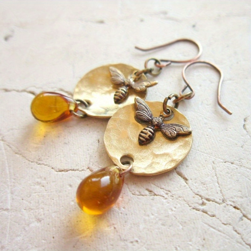 honey bee earrings hand hammered honey amber earrings amber glass dangle earrings honey bee jewelry amber jewelry gift for   details 1