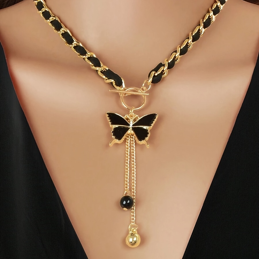 black chain pendant necklace for women bohemian elegant style choker with tassel pendant clavicle chain jewelry details 0