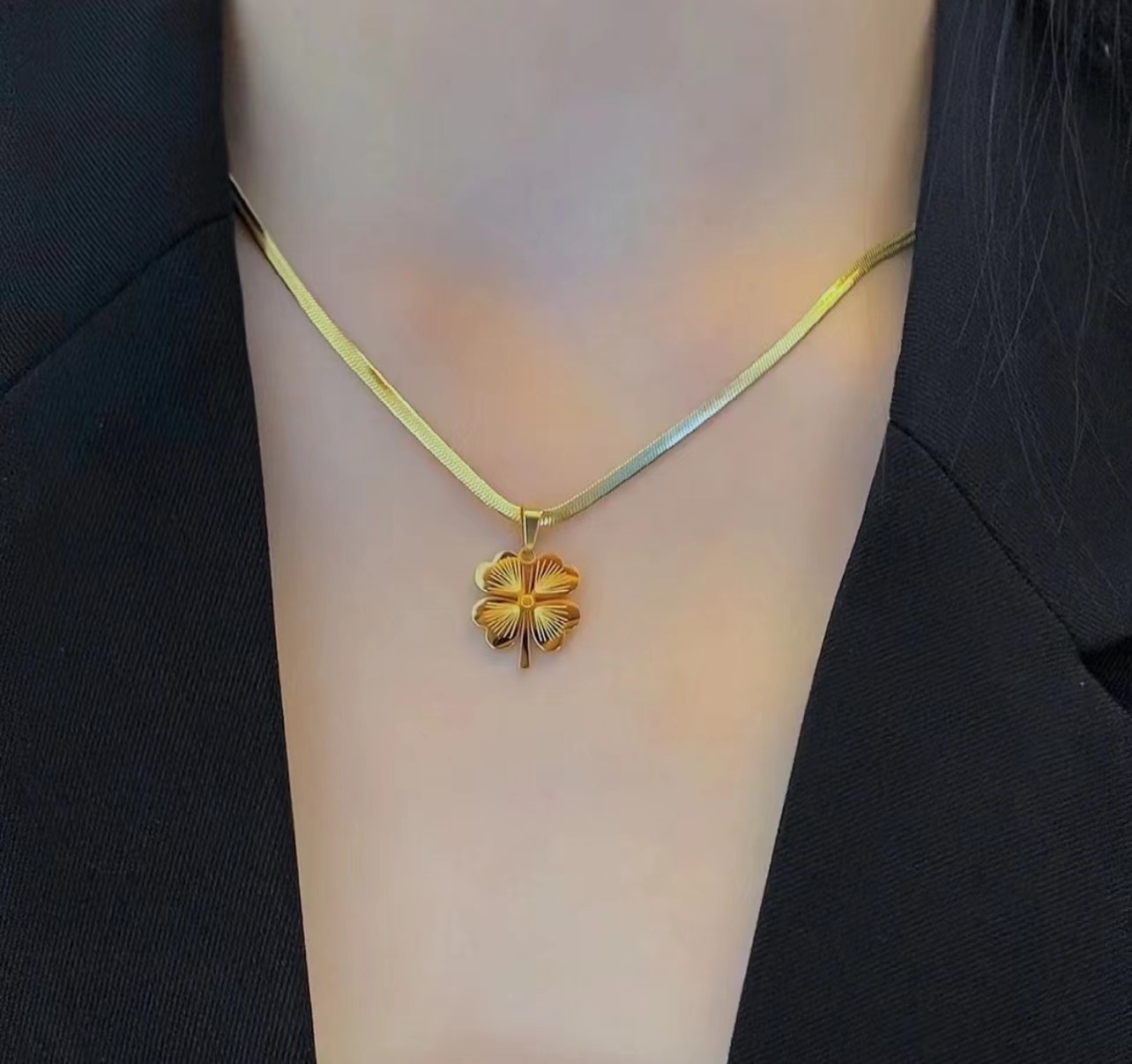 24k gold plated titanium steel four leaf clover pendant necklace laser engraved elegant design luxurious non tarnish vacation style sweater chain for women details 0