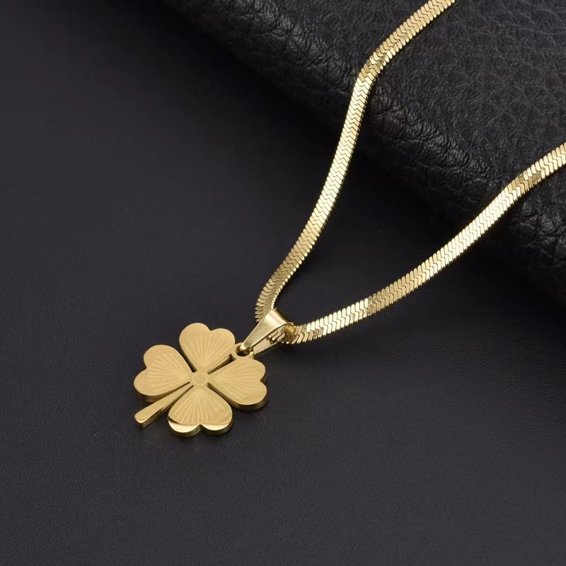 24k gold plated titanium steel four leaf clover pendant necklace laser engraved elegant design luxurious non tarnish vacation style sweater chain for women details 1