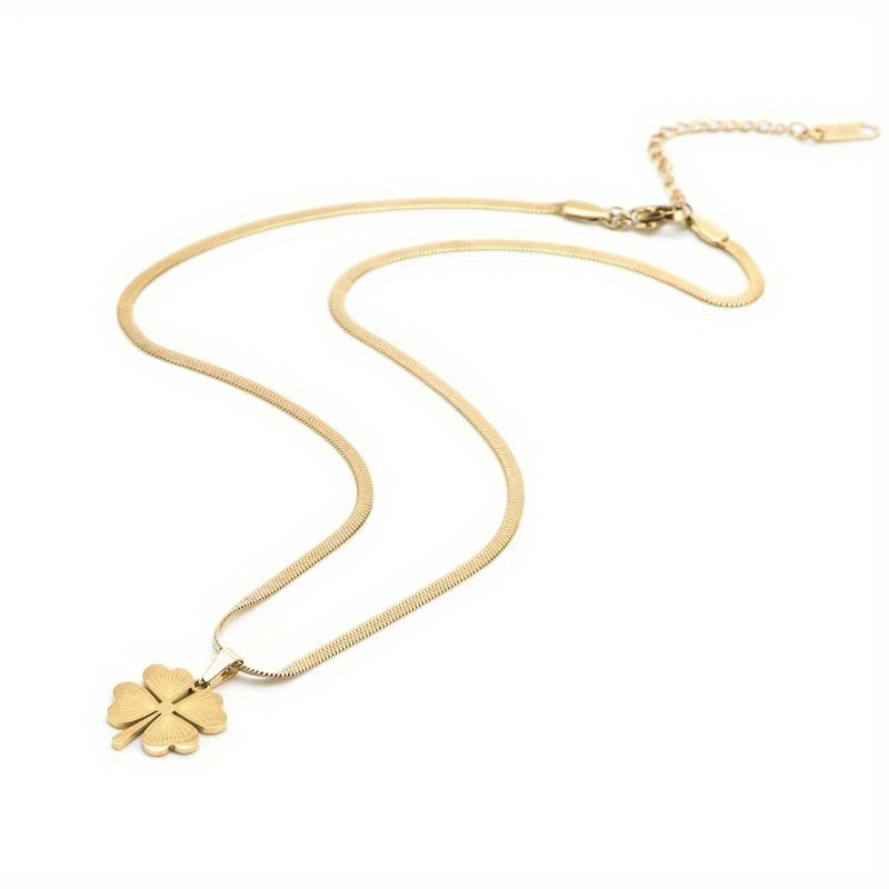 24k gold plated titanium steel four leaf clover pendant necklace laser engraved elegant design luxurious non tarnish vacation style sweater chain for women details 2