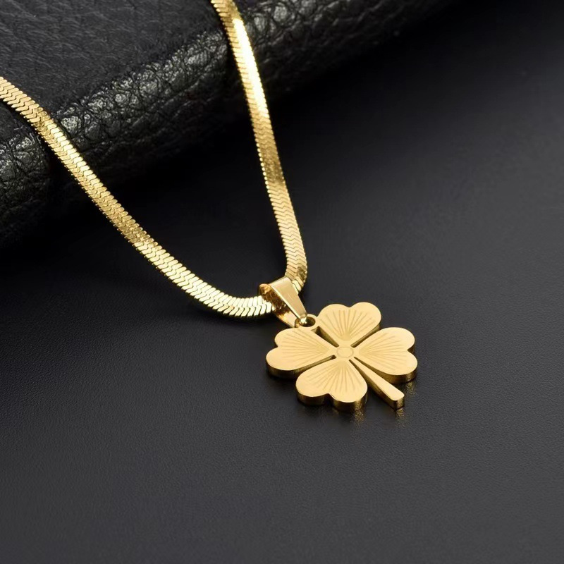 24k gold plated titanium steel four leaf clover pendant necklace laser engraved elegant design luxurious non tarnish vacation style sweater chain for women details 3