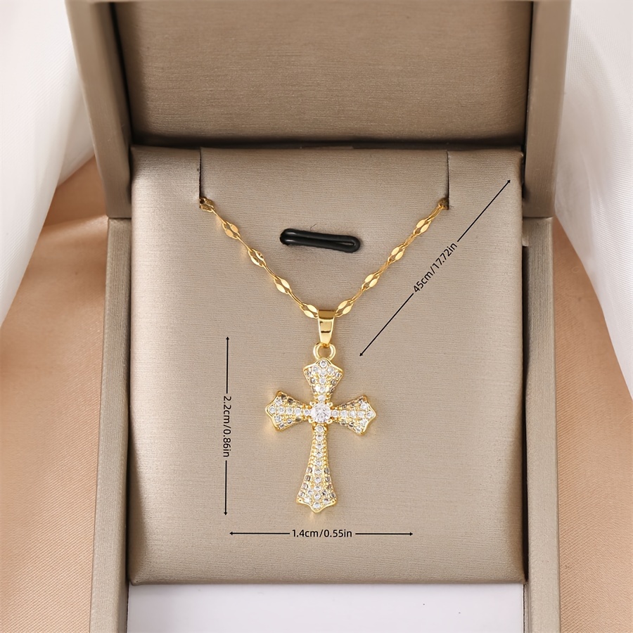 elegant 18k gold plated pendant necklace synthetic cubic zirconia cross with copper chain fashionable religious jewelry gift for men and women details 0