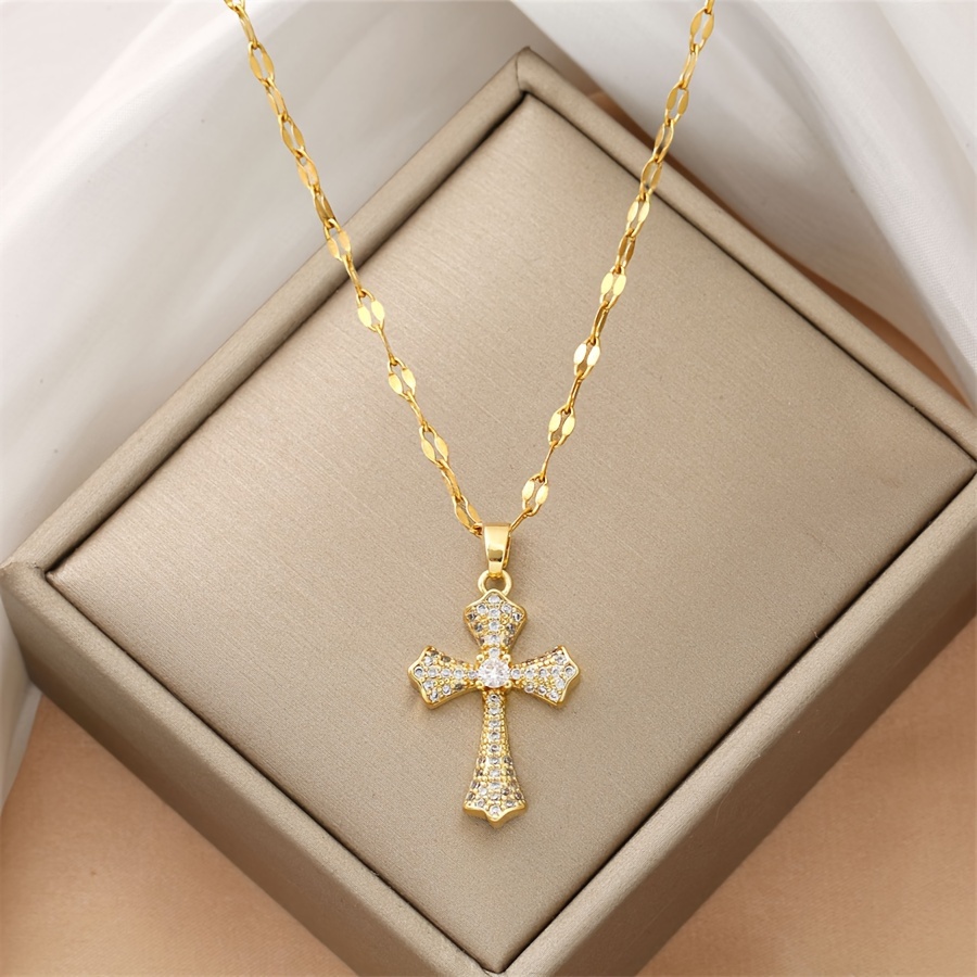 elegant 18k gold plated pendant necklace synthetic cubic zirconia cross with copper chain fashionable religious jewelry gift for men and women details 1