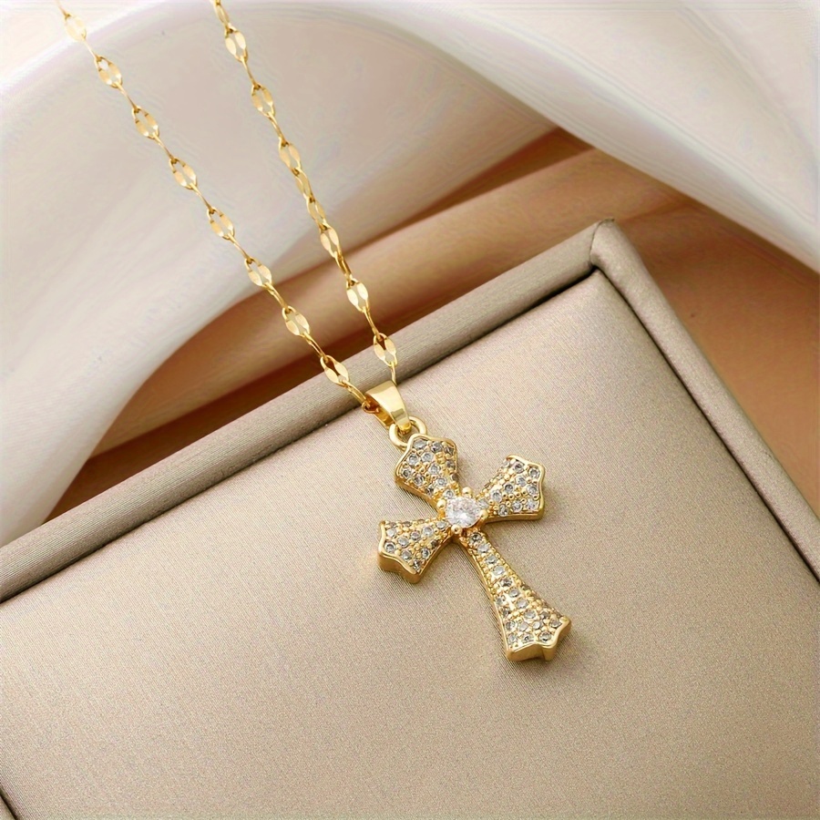 elegant 18k gold plated pendant necklace synthetic cubic zirconia cross with copper chain fashionable religious jewelry gift for men and women details 2