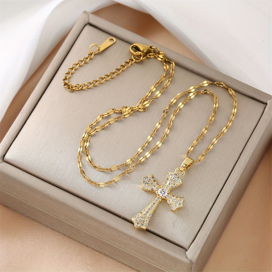 elegant 18k gold plated pendant necklace synthetic cubic zirconia cross with copper chain fashionable religious jewelry gift for men and women details 3