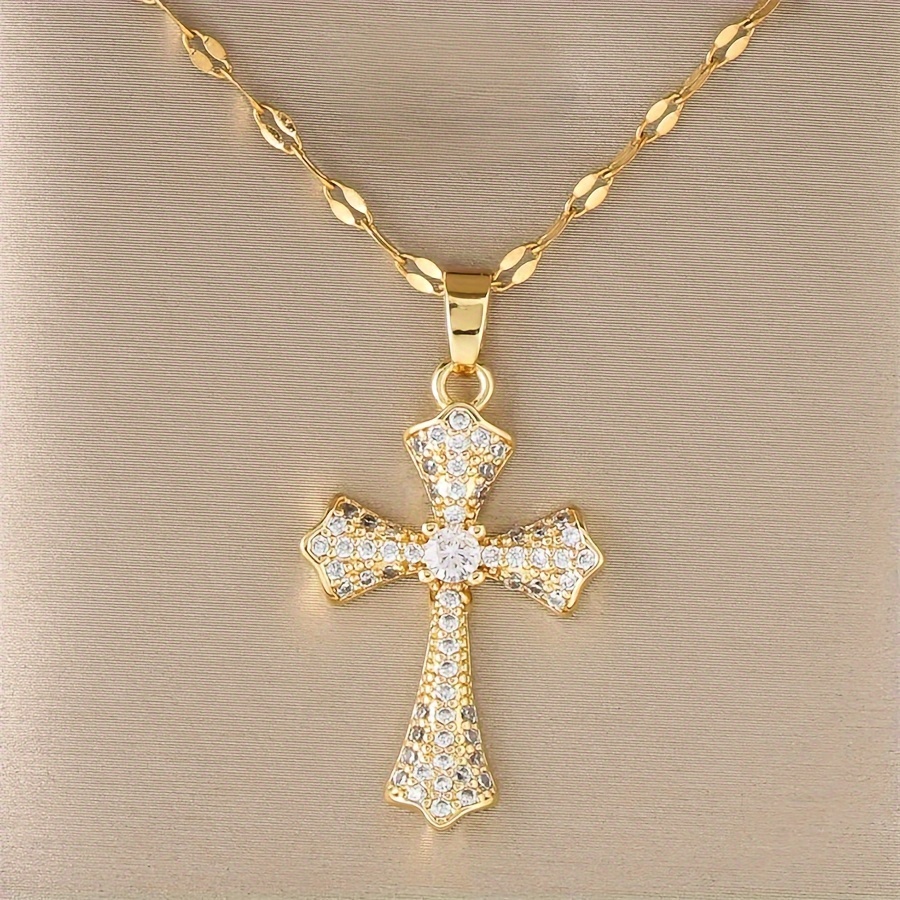 elegant 18k gold plated pendant necklace synthetic cubic zirconia cross with copper chain fashionable religious jewelry gift for men and women details 4