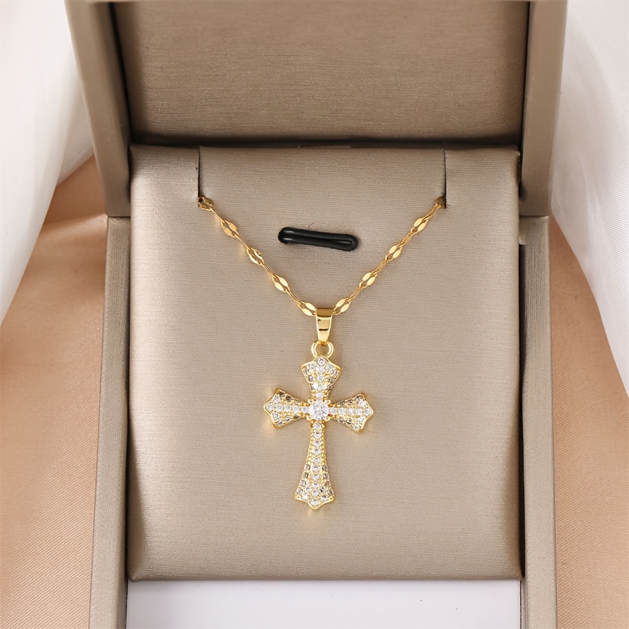 elegant 18k gold plated pendant necklace synthetic cubic zirconia cross with copper chain fashionable religious jewelry gift for men and women details 5