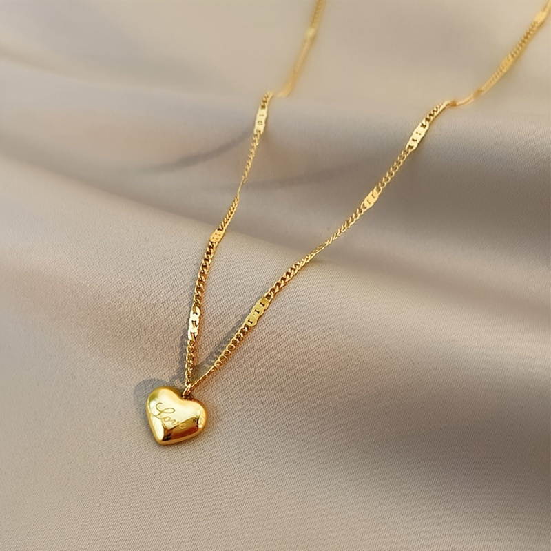 simple fashionable elegant stainless steel golden heart shaped necklace for men and women holiday party decoration gift details 0