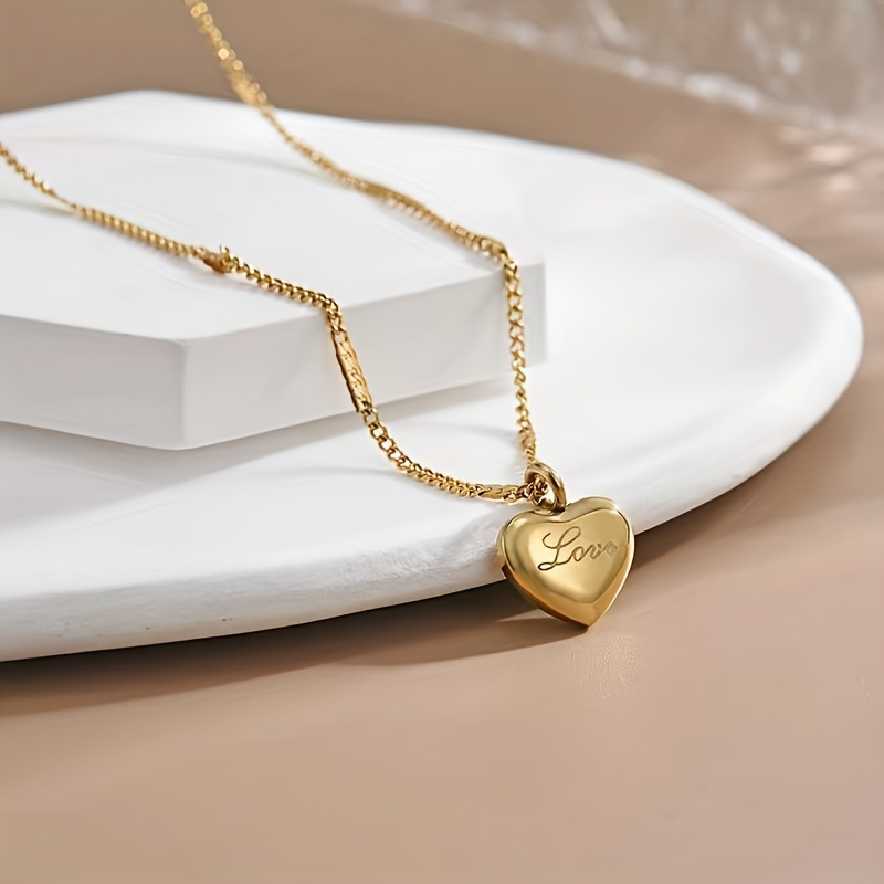 simple fashionable elegant stainless steel golden heart shaped necklace for men and women holiday party decoration gift details 2