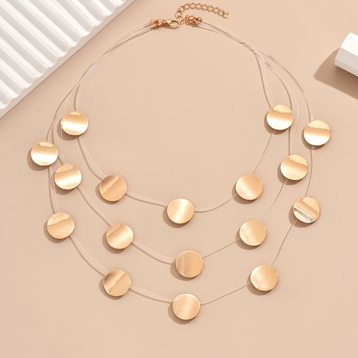 1pc multi layered transparent necklace with geometric circular alloy pendants symmetrical design retro style holiday fashion statement jewelry for women details 0