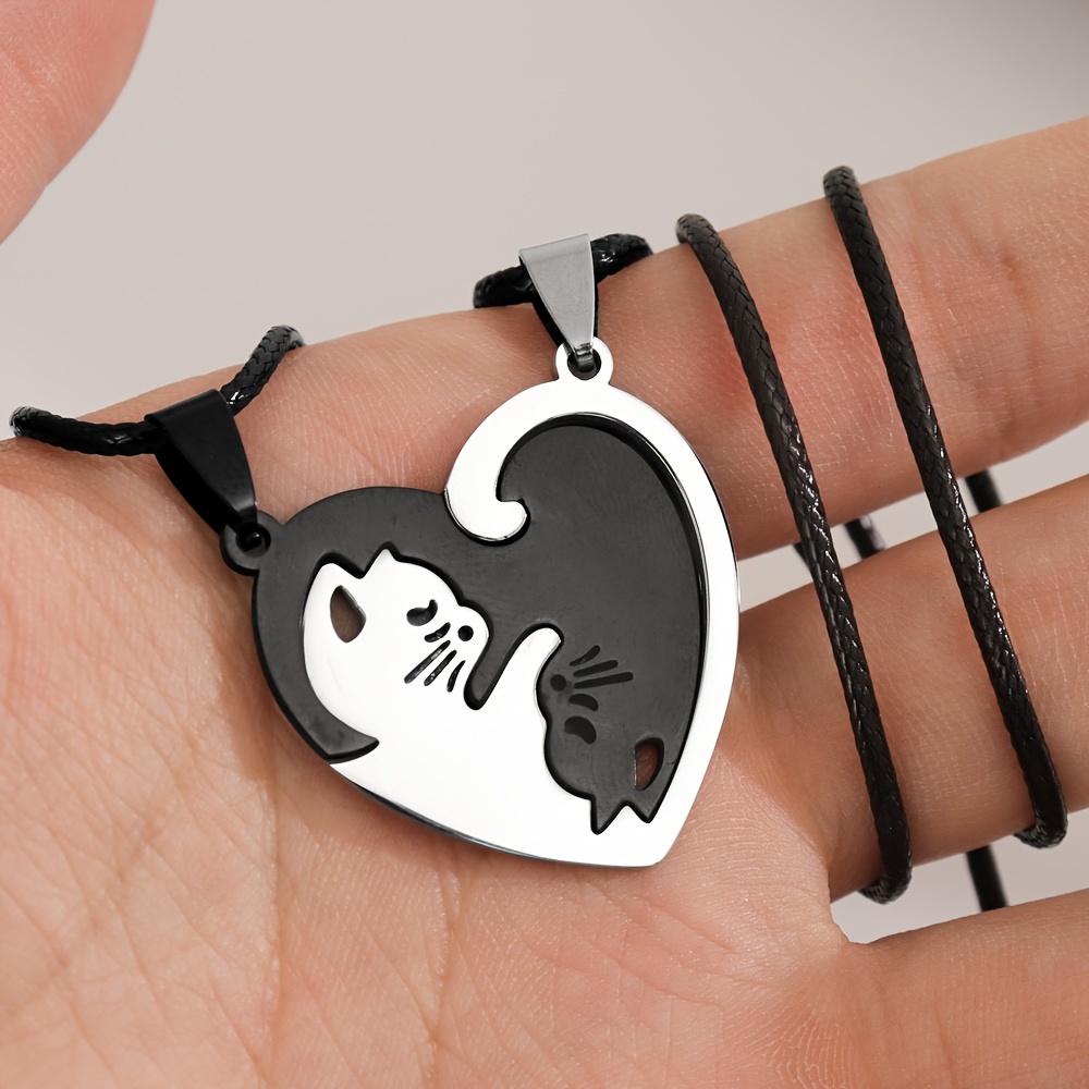 2pc fashionable splicing cute cat pendant necklace stainless steel couple necklace valentines day birthday gift accessories details 1