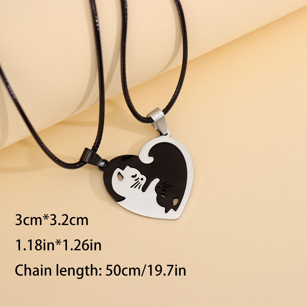 2pc fashionable splicing cute cat pendant necklace stainless steel couple necklace valentines day birthday gift accessories details 2