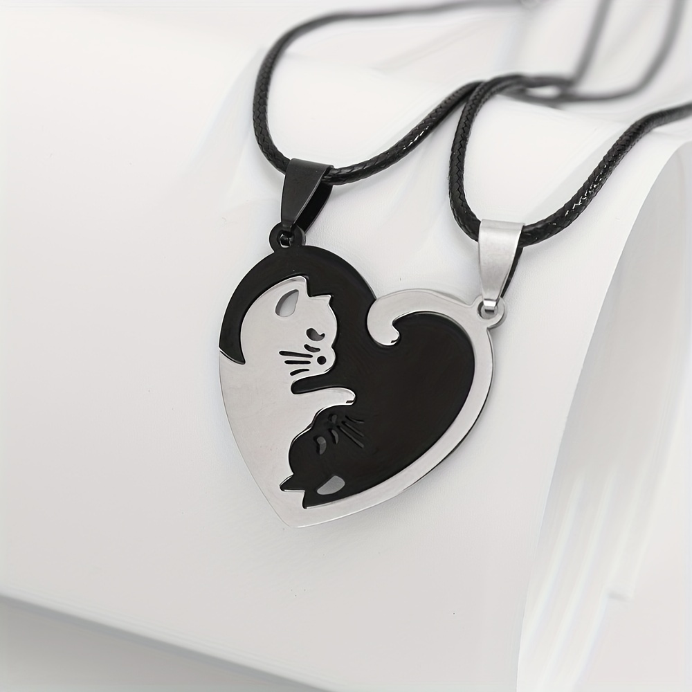 2pc fashionable splicing cute cat pendant necklace stainless steel couple necklace valentines day birthday gift accessories details 3