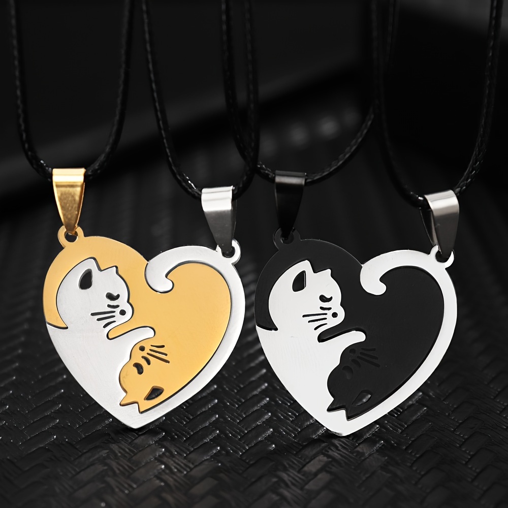 2pc fashionable splicing cute cat pendant necklace stainless steel couple necklace valentines day birthday gift accessories details 4