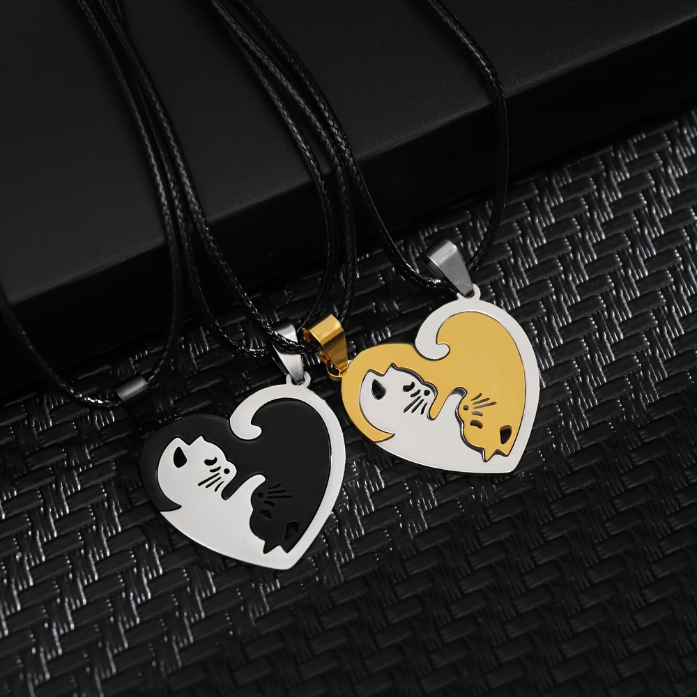 2pc fashionable splicing cute cat pendant necklace stainless steel couple necklace valentines day birthday gift accessories details 5