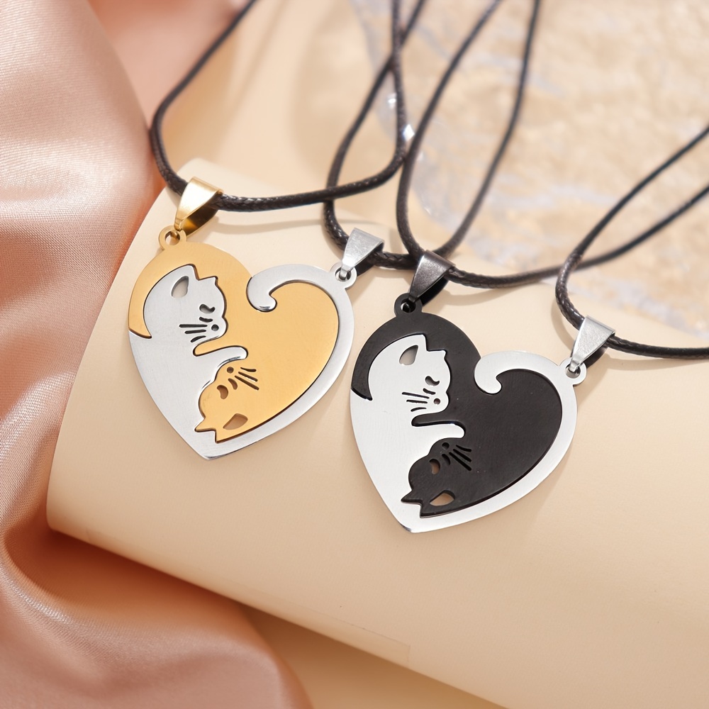 2pc fashionable splicing cute cat pendant necklace stainless steel couple necklace valentines day birthday gift accessories details 6