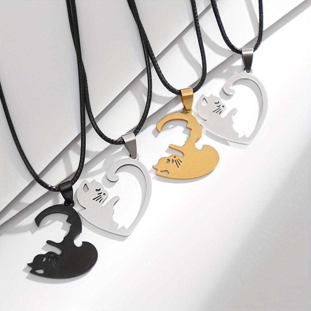 2pc fashionable splicing cute cat pendant necklace stainless steel couple necklace valentines day birthday gift accessories details 9