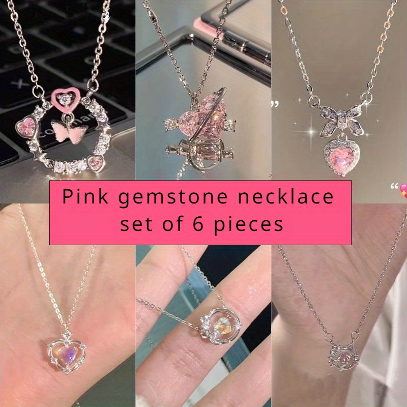 six piece necklace set sweet heart necklace love female clavicle chain pink gemstone necklace womens jewelry necklace 6 necklaces versatile jewelry gift for women details 4