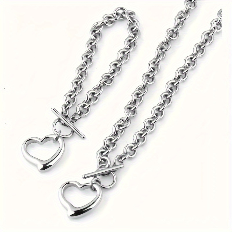 2 piece titanium stainless steel hollow heart heart necklace bracelet set jewelry for men and women details 3