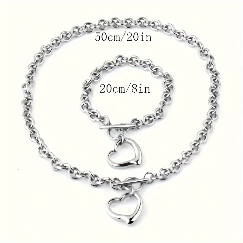 2 piece titanium stainless steel hollow heart heart necklace bracelet set jewelry for men and women details 4