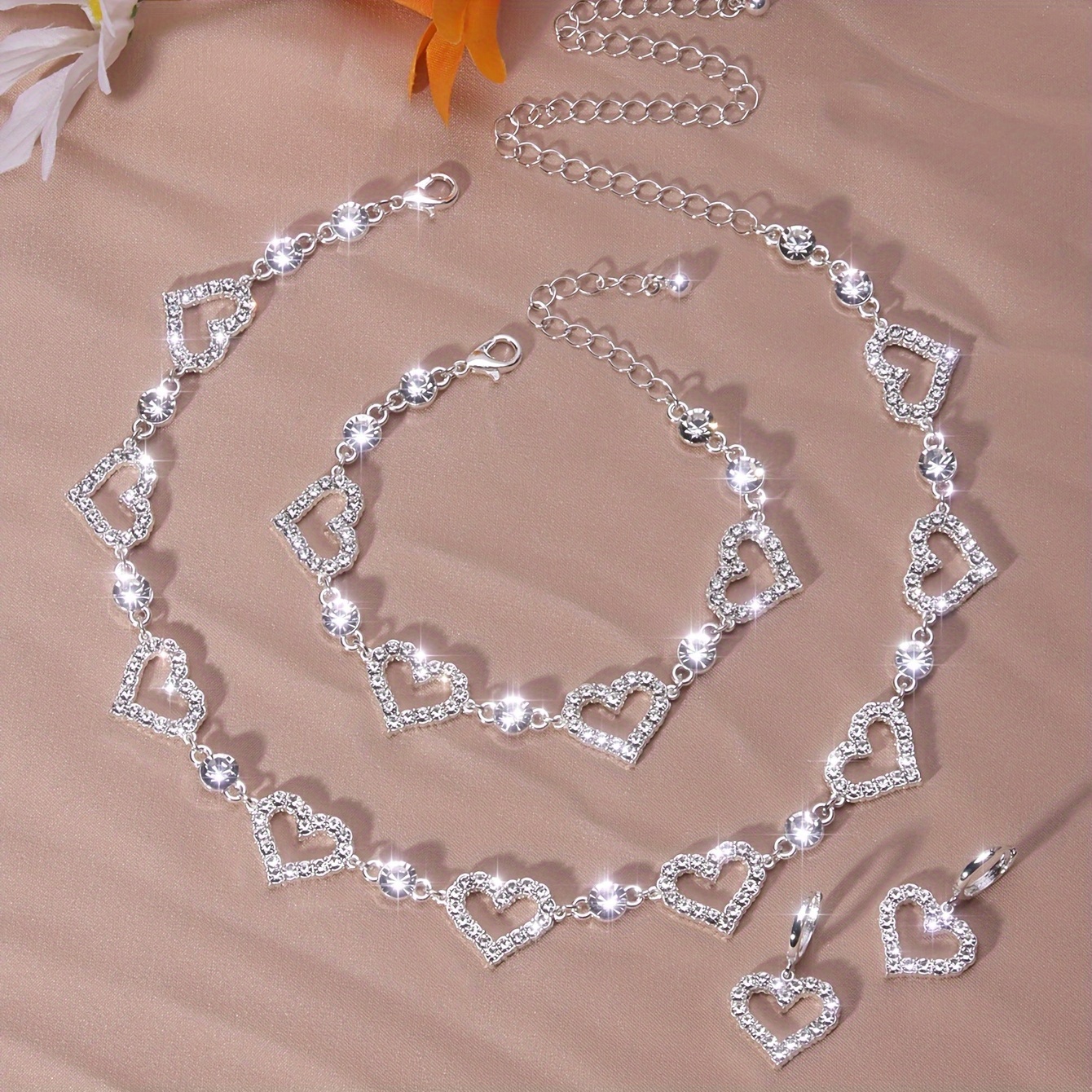 4 pcs valentines   vintage rhinestone heart jewelry set adjustable necklace earrings bracelet set details 0