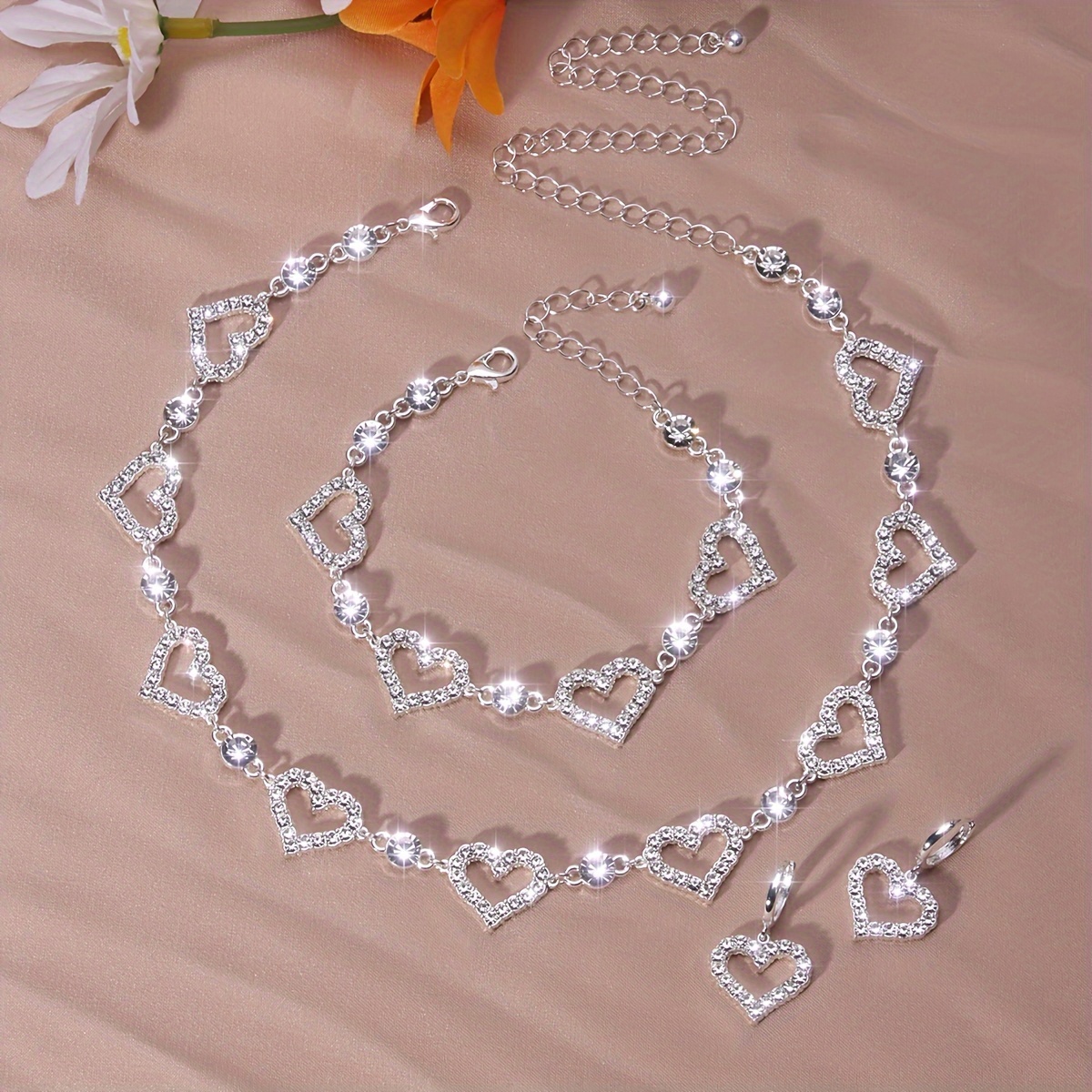 4 pcs valentines   vintage rhinestone heart jewelry set adjustable necklace earrings bracelet set details 1