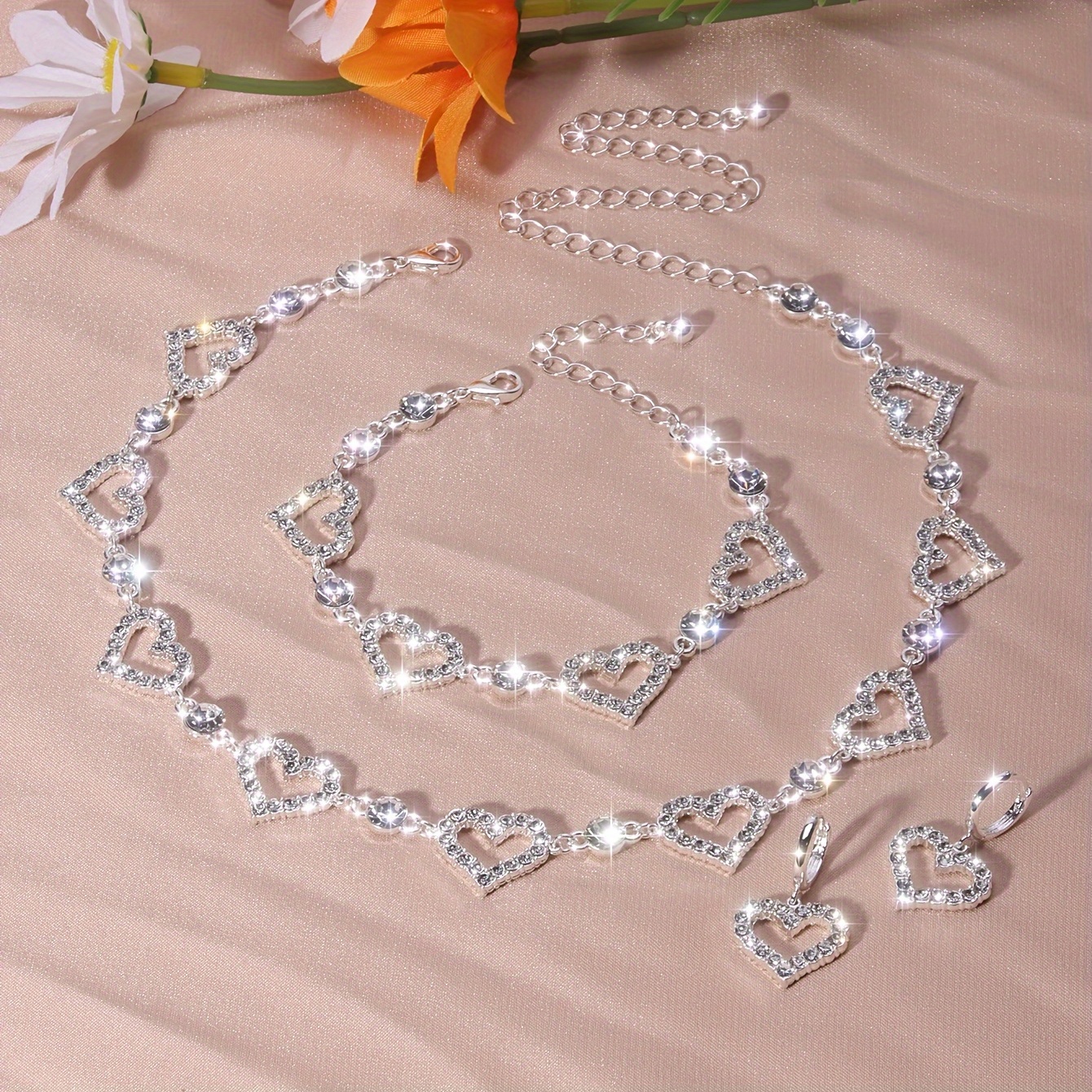 4 pcs valentines   vintage rhinestone heart jewelry set adjustable necklace earrings bracelet set details 3