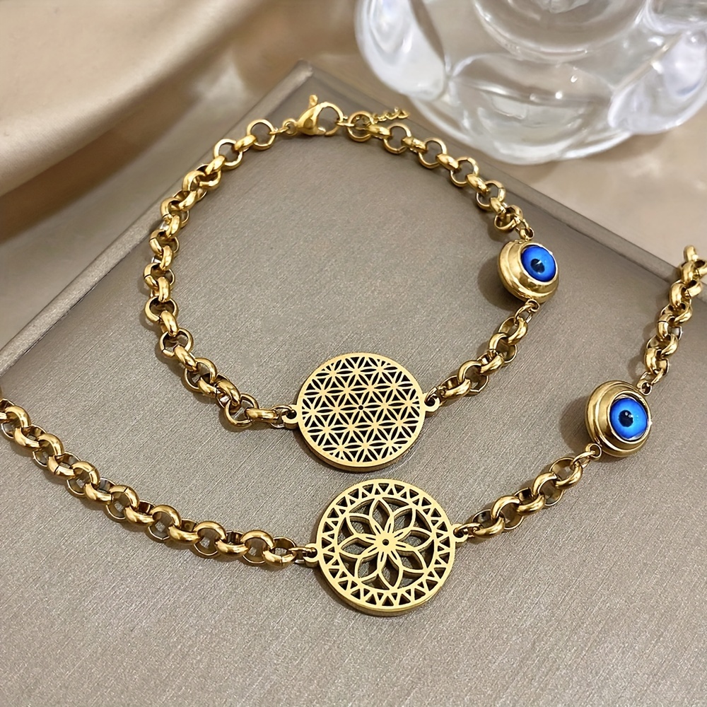 flower of life stainless steel bracelets for women inlaid evil eye golden chain wrist waterproof fashion jewelry details 0