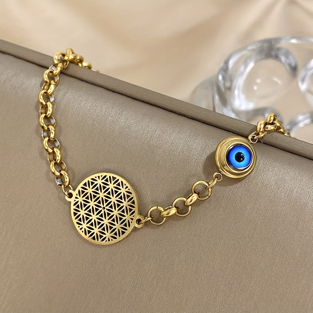 flower of life stainless steel bracelets for women inlaid evil eye golden chain wrist waterproof fashion jewelry details 1