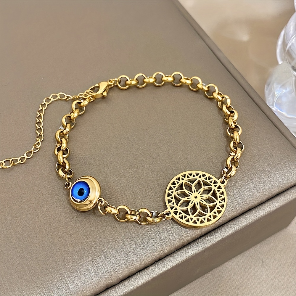 flower of life stainless steel bracelets for women inlaid evil eye golden chain wrist waterproof fashion jewelry details 3