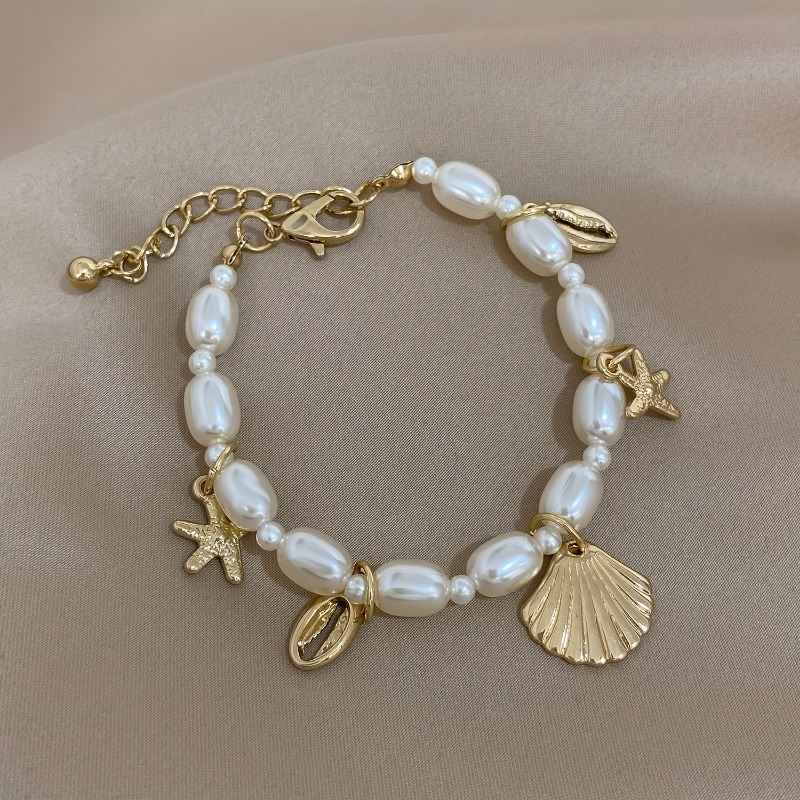 bohemian style faux pearl beaded bracelet   seashell charm pendant link chain bracelets summer beach hand jewelry for women details 0