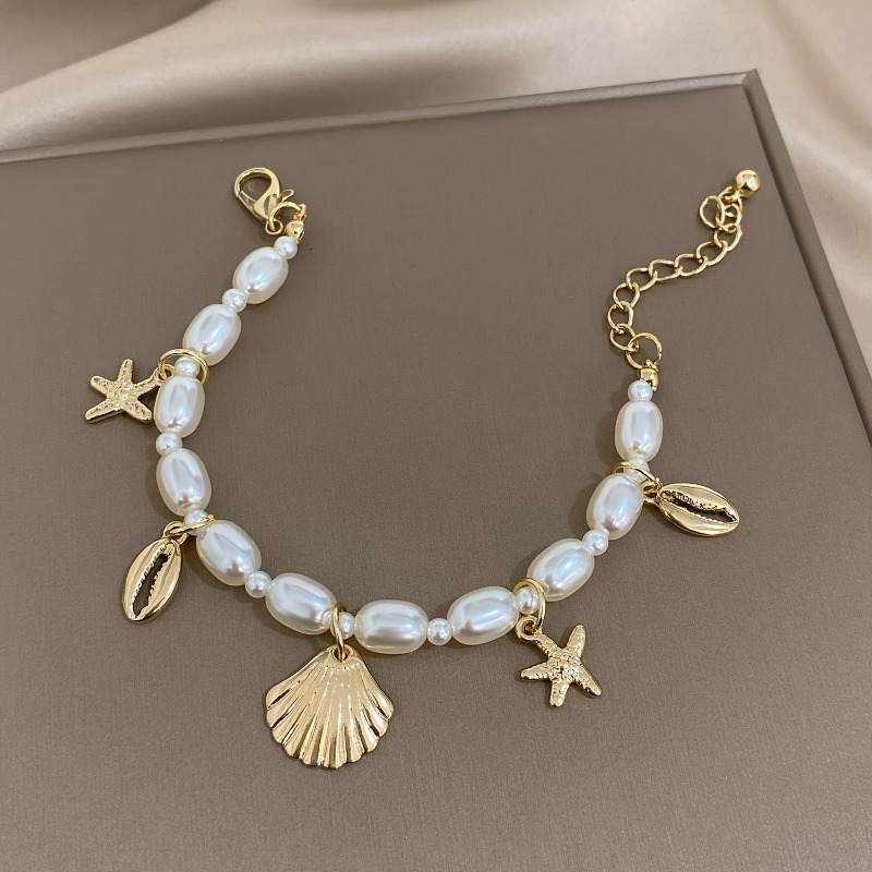 bohemian style faux pearl beaded bracelet   seashell charm pendant link chain bracelets summer beach hand jewelry for women details 1