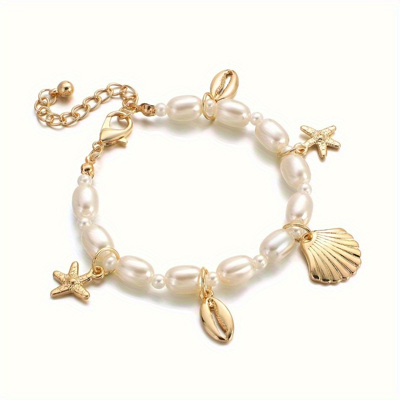 bohemian style faux pearl beaded bracelet   seashell charm pendant link chain bracelets summer beach hand jewelry for women details 3