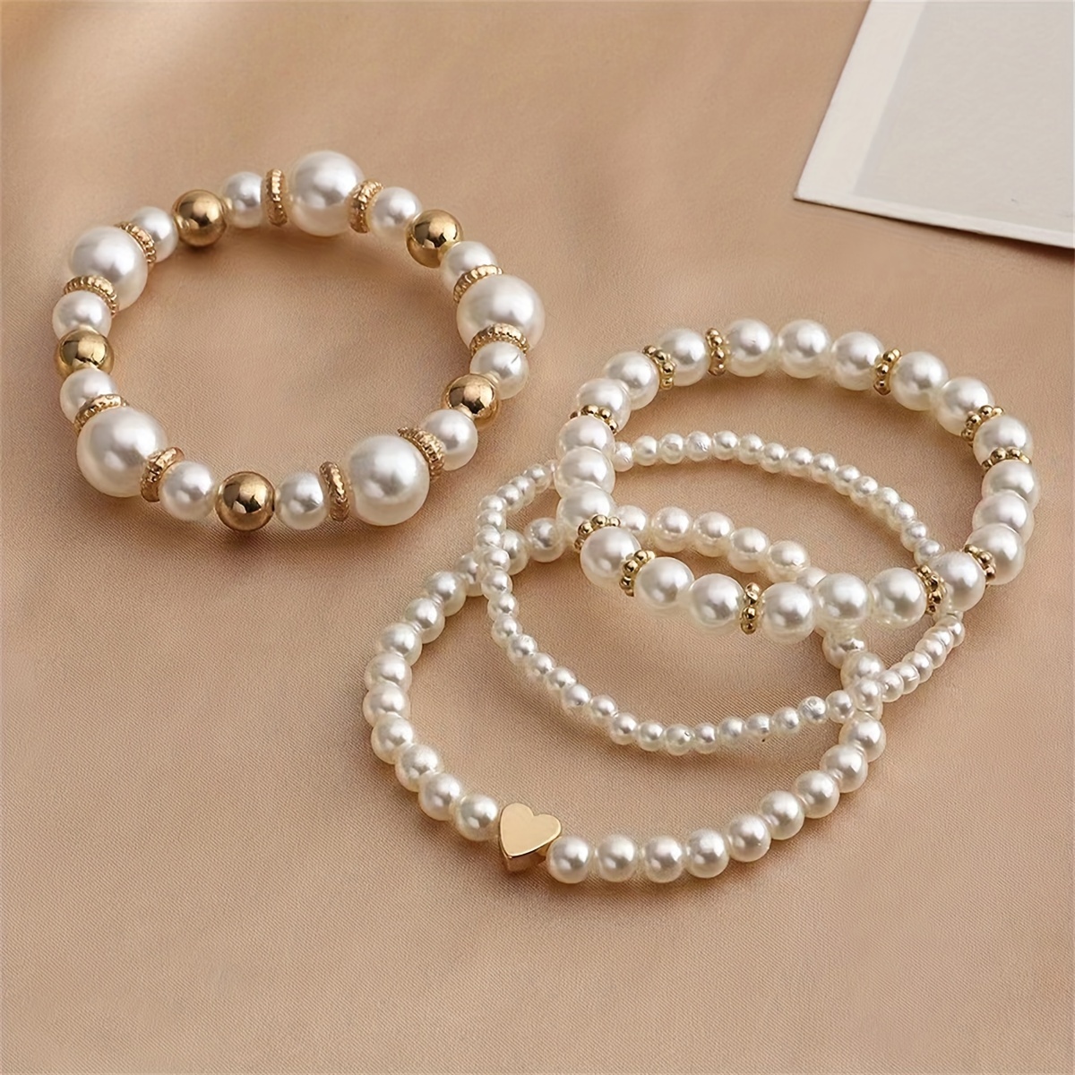 4pc white faux pearls beads beaded bracelet set niche design stackable hand string jewelry details 0