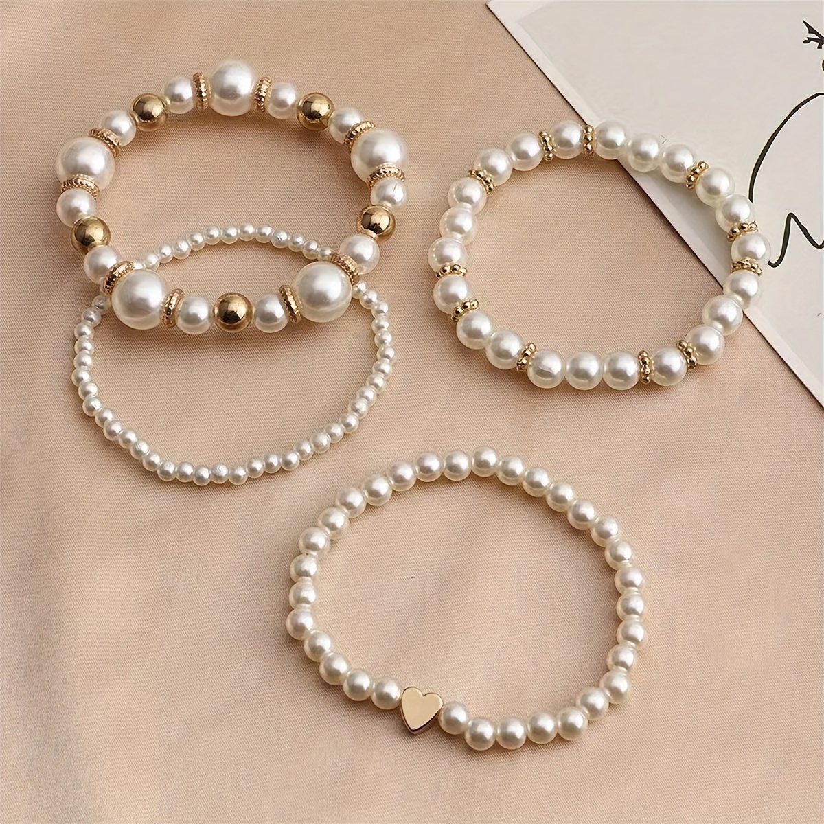 4pc white faux pearls beads beaded bracelet set niche design stackable hand string jewelry details 1